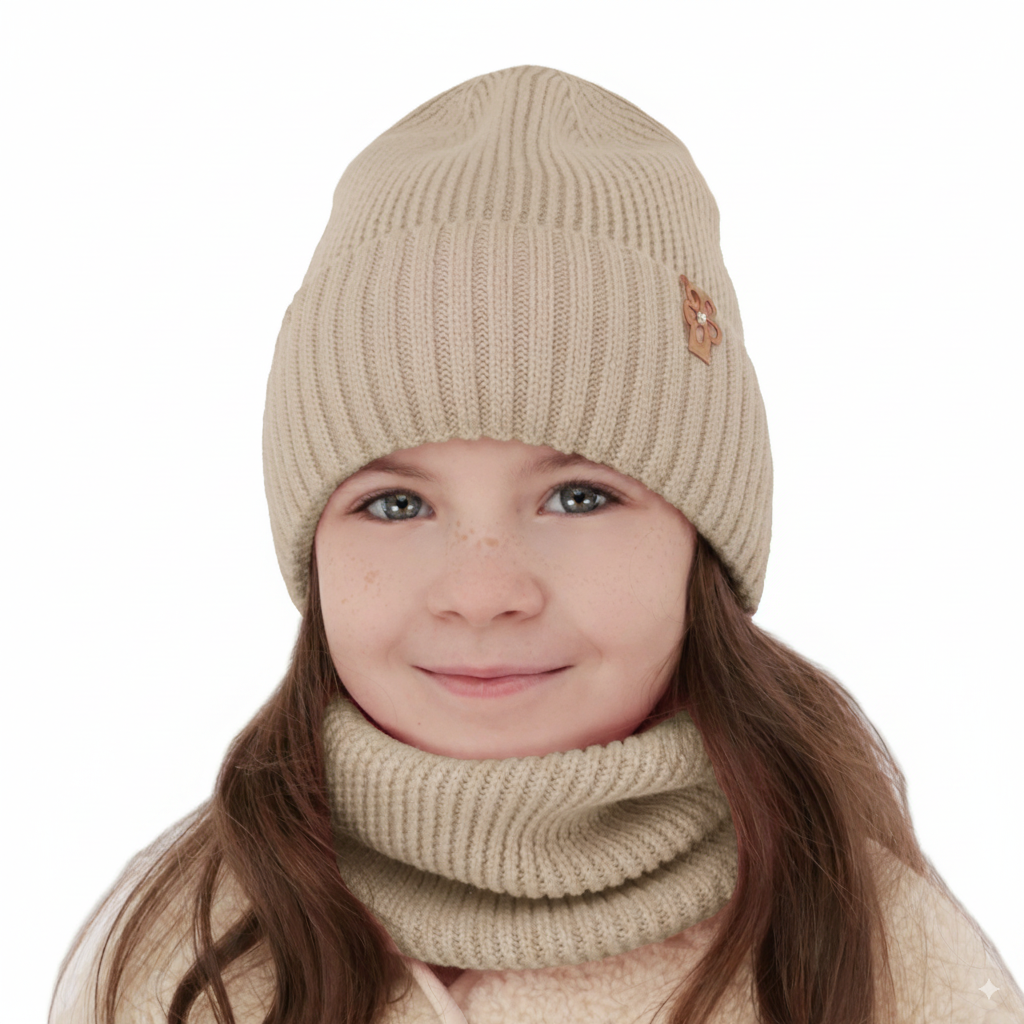 Czapka i komin dla dziewczynki zimowy komplet, beżowy, 100% wełniana merino Nelita