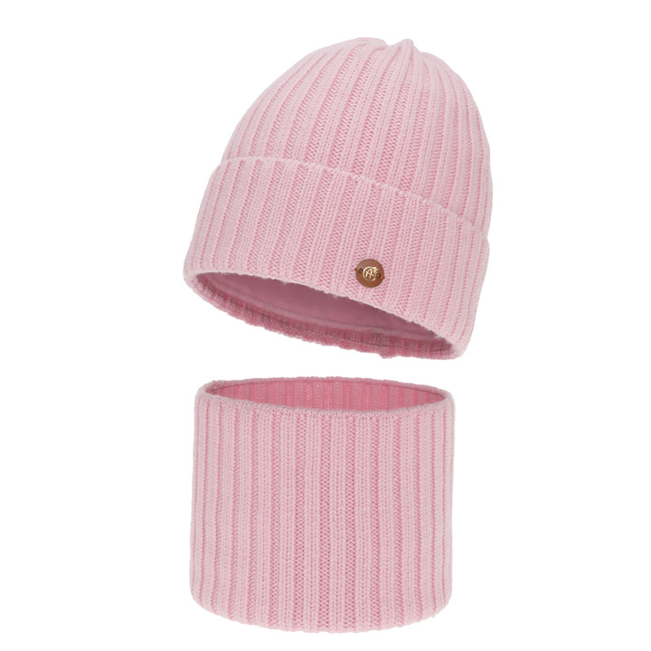 Czapka i komin dla dziewczynki zimowy komplet, różowy, 100% wełniany merino, podszyty bawełną Vanira