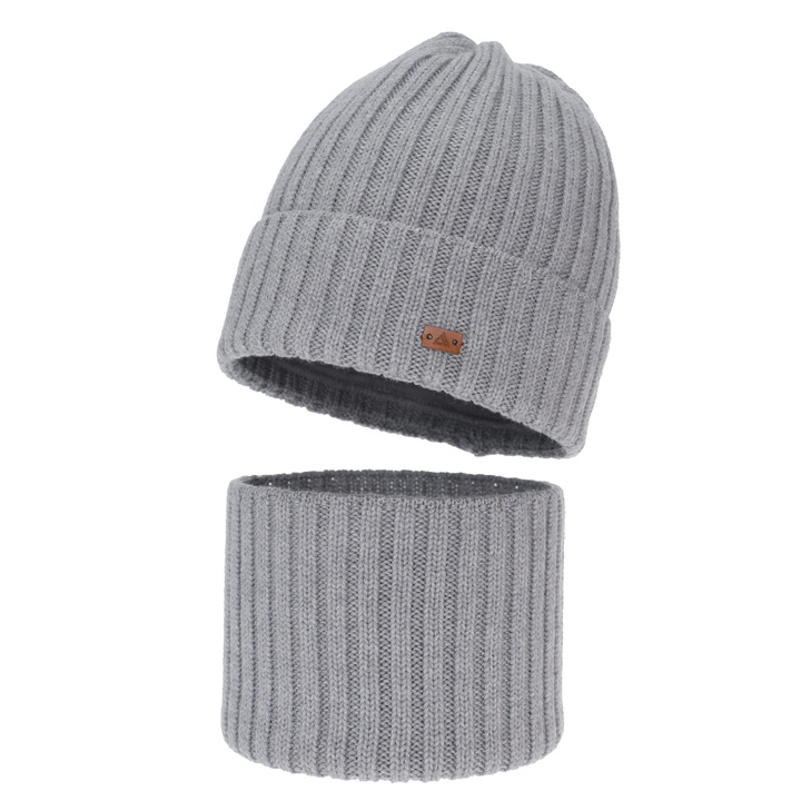 Czapka i komin dla chłopca, zimowy komplet, 100% wełniany merino, jasnoszary Umberto