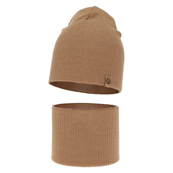 Czapka i komin dla chłopca jesienny, wiosenny komplet, camel, 100% wełniany merino Richi