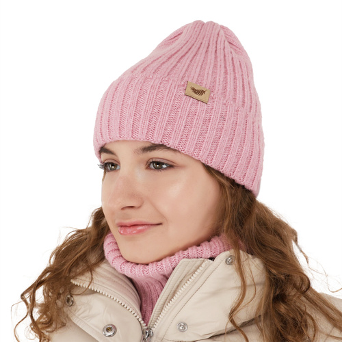 Czapka i komin dla dziewczynki zimowy komplet, kremowy, z wełną merino Karmina