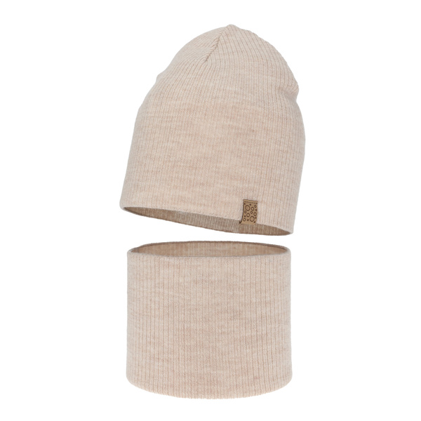 Czapka i komin dla dziewczynki jesienny, wiosenny komplet, jasnobeżowy, 100% wełniana merino Ricona