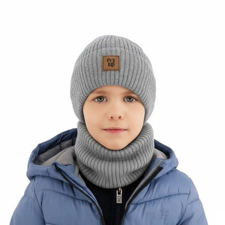 Czapka i komin dla chłopca, jesienny, wiosenny komplet szary 100% wełniany merino Vanto