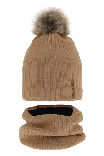 Czapka i komin dla chłopca zimowy komplet, camel, z pomponem, podszyty Kalen