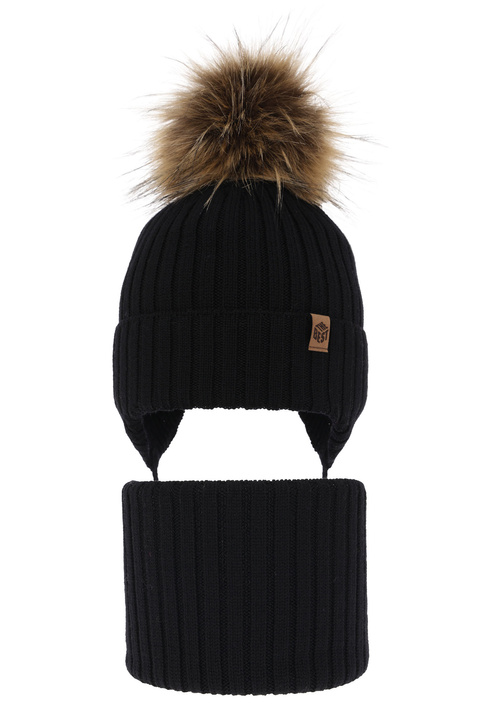 Czapka i komin dla chłopca zimowy komplet, czarny, 100% wełniany merino, wiązany Juno