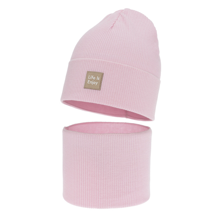 Czapka i komin dla dziewczynki jesienny, wiosenny komplet, z bawełną, różowy Zola