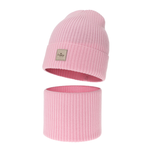 Czapka i komin dla dziewczynki, jesienny, wiosenny komplet, różowy, 100% wełniany merino, Vanita