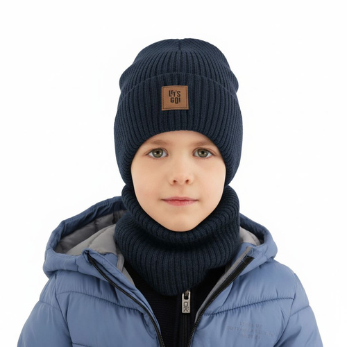 Czapka i komin dla chłopca, jesienny, wiosenny komplet cimnoniebieski 100% wełniany merino Vanto