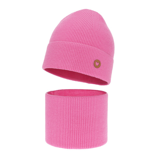 Czapka i komin dla dziewczynki jesienny, wiosenny komplet, różowy, 100% wełniany merino Brook