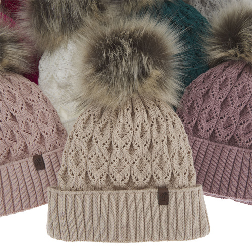 Czapka zimowa damska, różowa, z pomponem, Katty