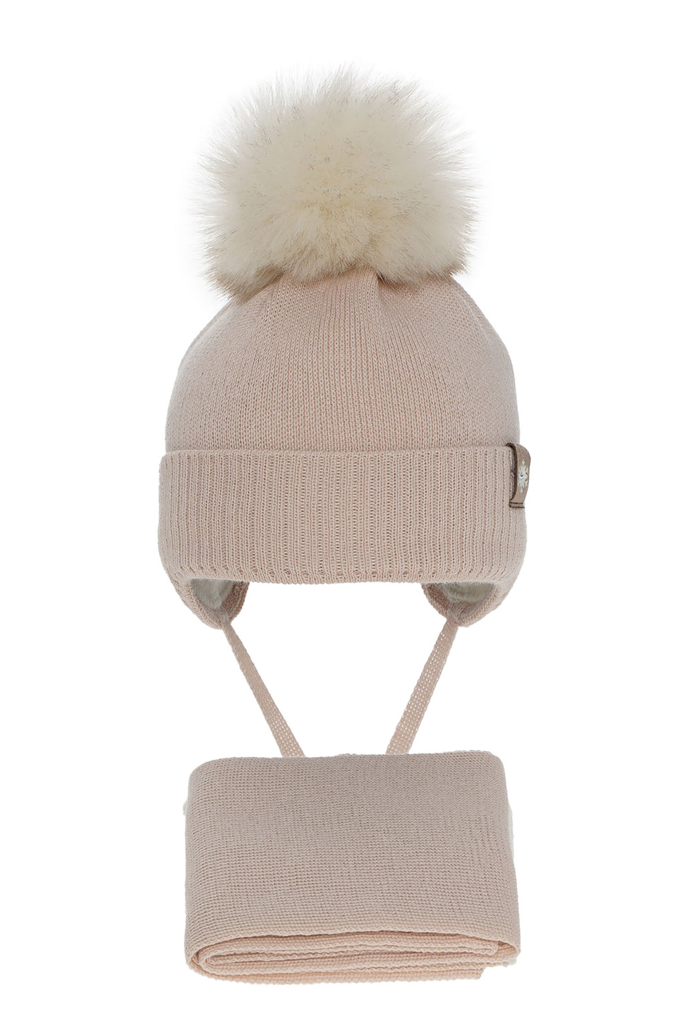 Czapka i szalik dla dziewczynki zimowy komplet, różowy, wełniany merino, z pomponem, wiązany Arika