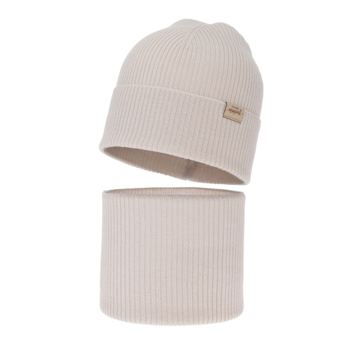 Czapka i komin dla dziewczynki jesienny, wiosenny komplet, beżowy, 100% wełniany merino Magenta