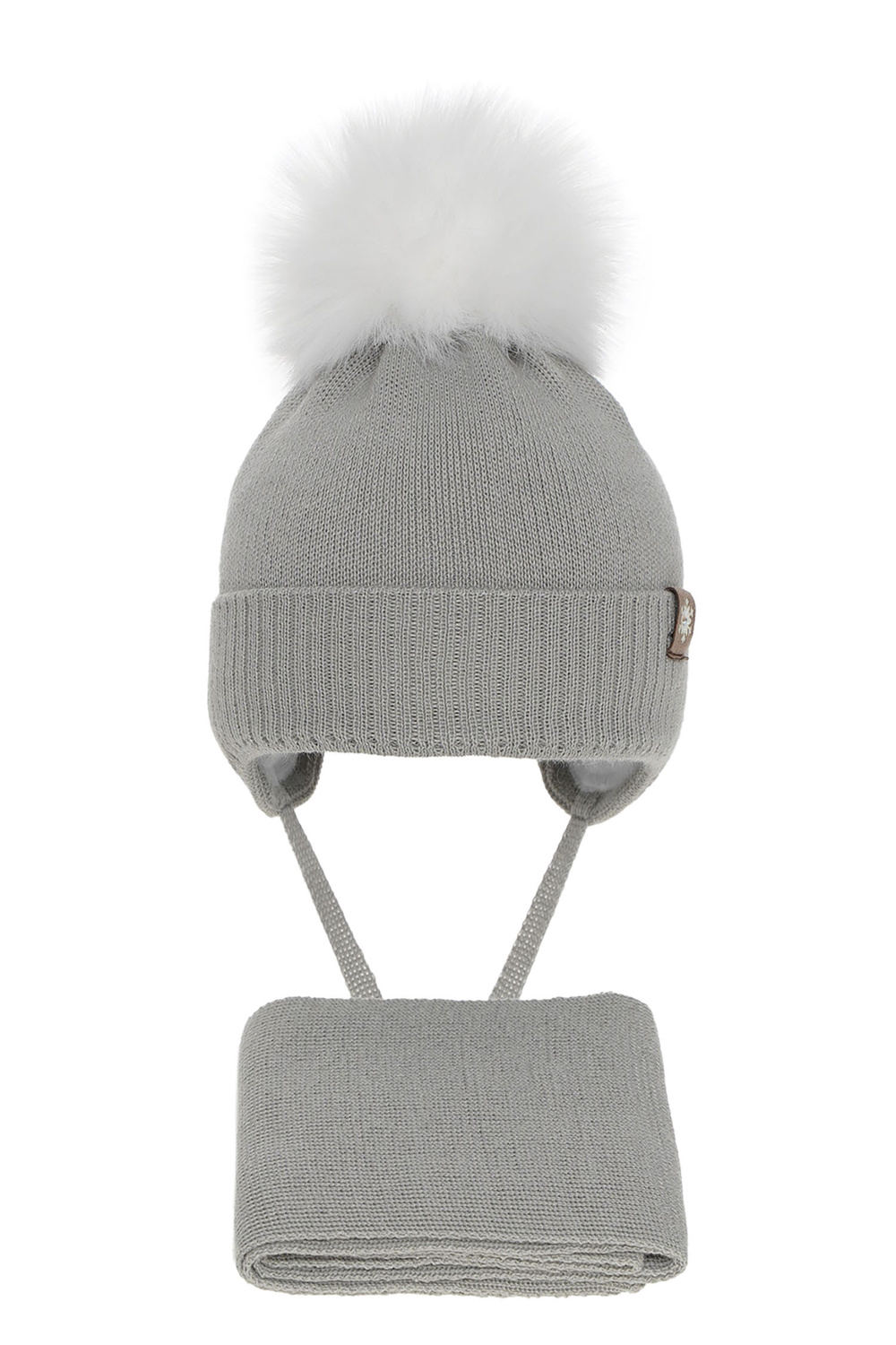 Czapka i szalik dla dziewczynki zimowy komplet, szary, wełniany merino, z pomponem Arika