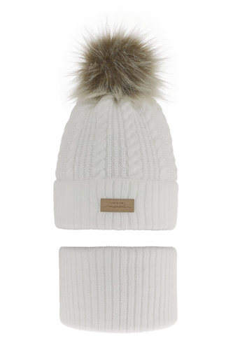 Czapka i komin dla dziewczynki zimowy komplet, biały, z pomponem Alika