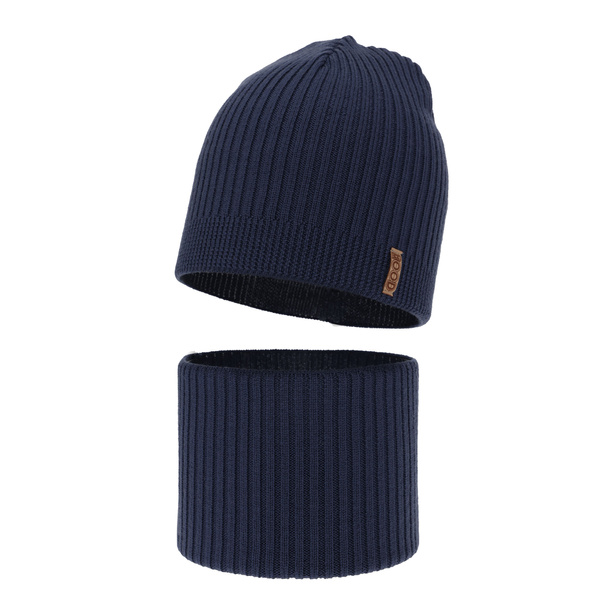 Czapka i komin dla chłopca jesienny, wiosenny komplet, granatowy, 100% wełniany merino Chester