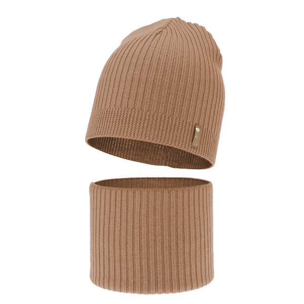 Czapka i komin dla dziewczynki jesienny, wiosenny komplet, camel, 100% wełniana merino Chelsie