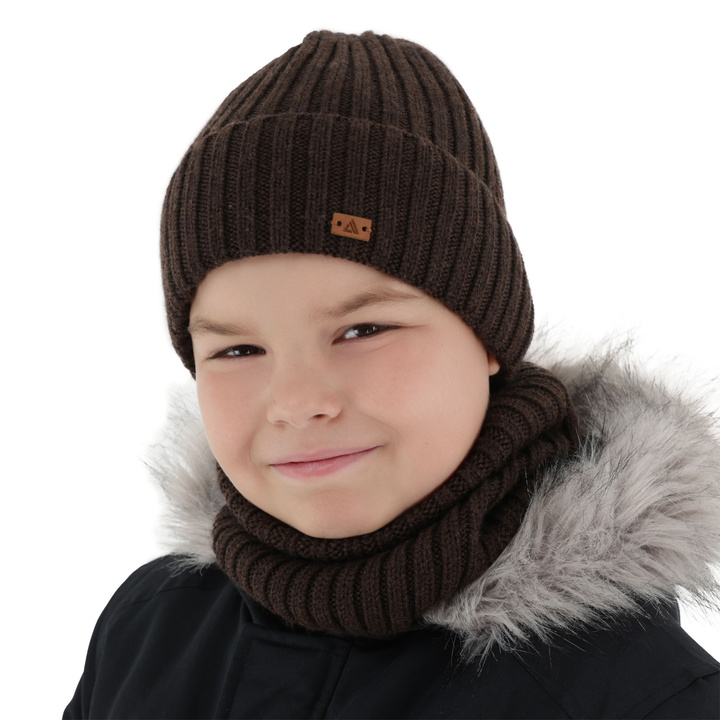 Czapka i komin dla chłopca, zimowy komplet, 100% wełniany merino, brązowy Umberto