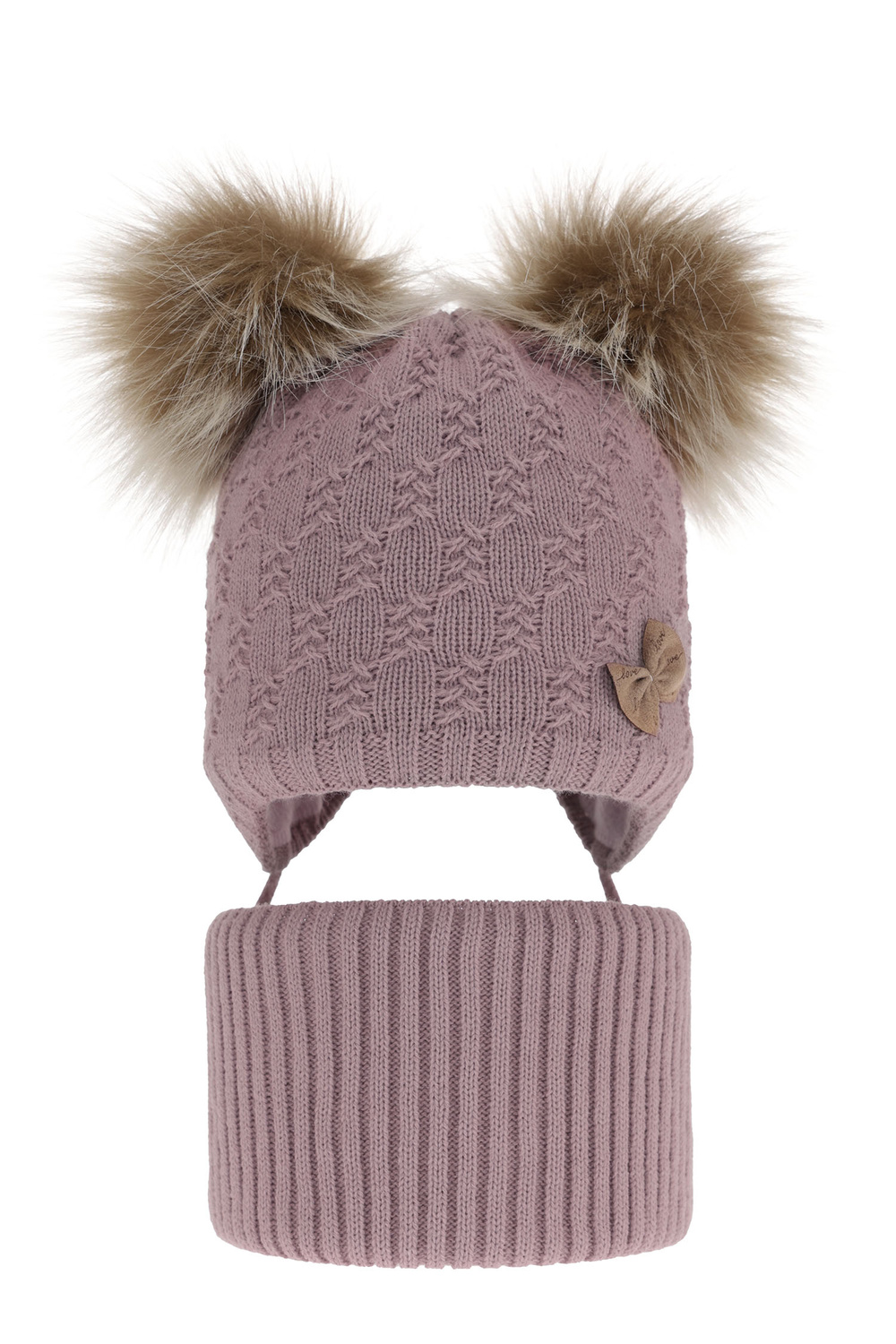 Czapka i komin dla dziewczynki zimowy komplet, wrzosowy, z dwoma pomponami Bettina