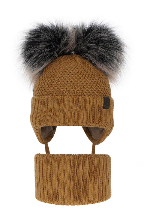Czapka i komin dla chłopca zimowy komplet, camel, z dwoma pomponami, wiązany Randel