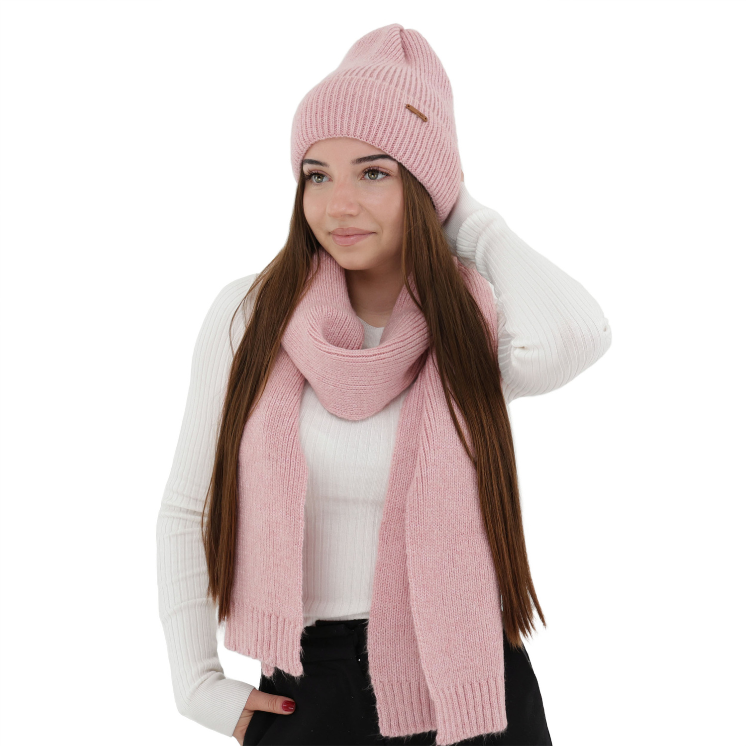 Czapka i szalik damski, zimowy komplet, różowy, z wełną merino, Seala