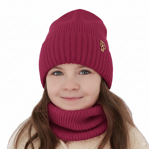Czapka i komin dla dziewczynki zimowy komplet, amarantowy, 100% wełniana merino Nelita