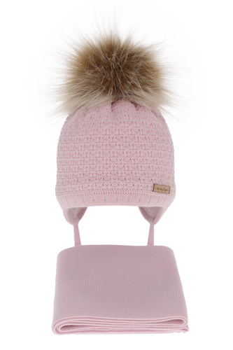 Czapka i szalik dla dziewczynki zimowy komplet, liliowy, z pomponem Clotilde