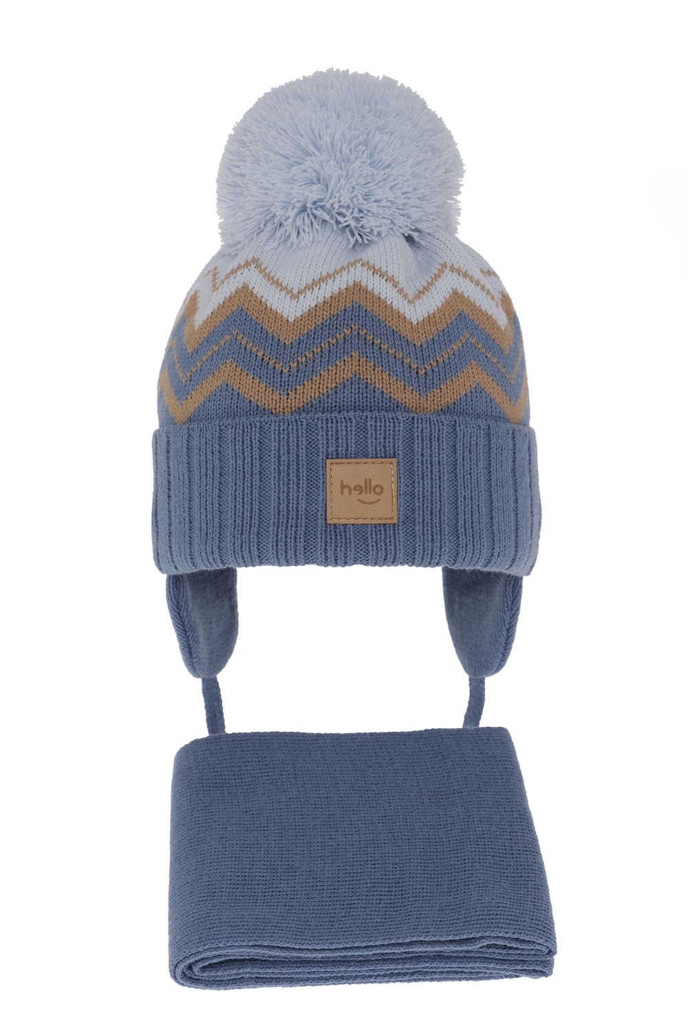 Czapka i szalik dla chłopca zimowy komplet, niebieski, wiązany, z pomponem Marcus