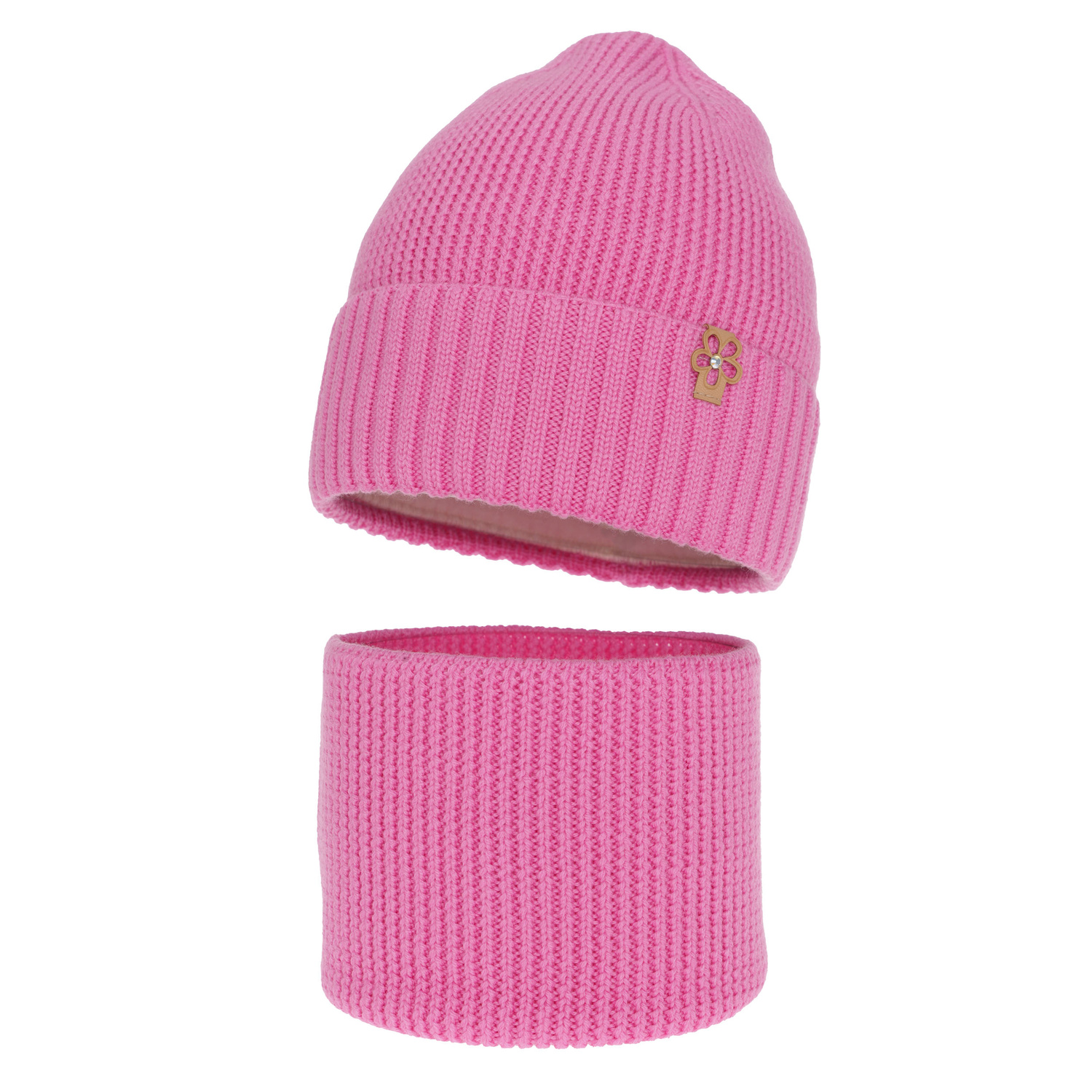 Czapka i komin dla dziewczynki zimowy komplet, różowy, 100% wełniany merino Nelita