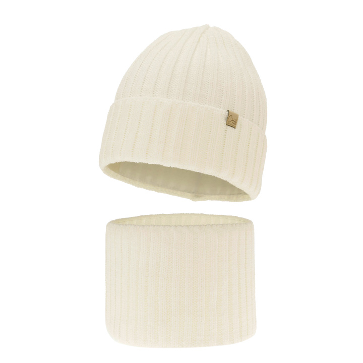Czapka i komin dla dziewczynki zimowy komplet, kremowy, Mitti