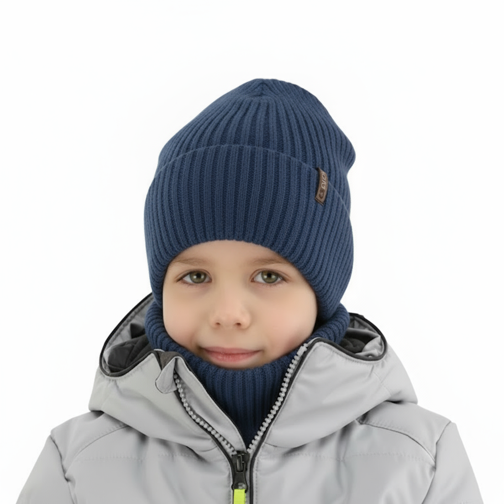 Czapka i komin dla chłopca, zimowy komplet, ciemnoniebieski, 100% wełniany merino, Gizmo