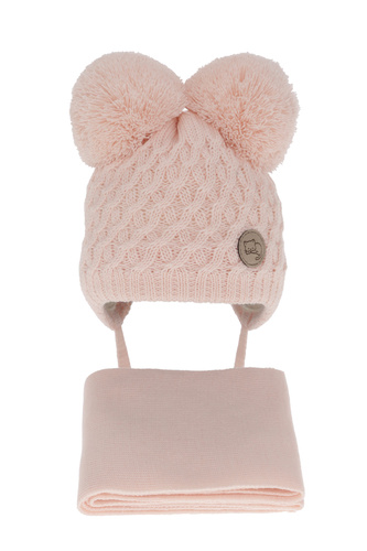 Czapka i szalik dla dziewczynki zimowy komplet, jasnoróżowy, z dwoma pomponami, wiązany Anava