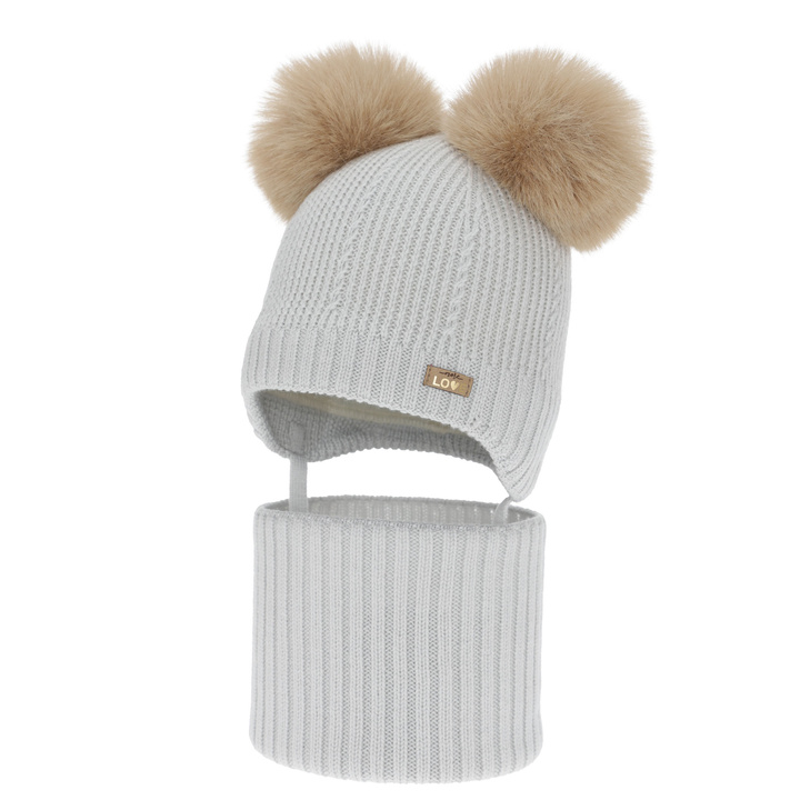 Czapka i komin dla dziewczynki, zimowy komplet, szary, 100% wełniany merino, podszyty polarem wełnianym, Lumia