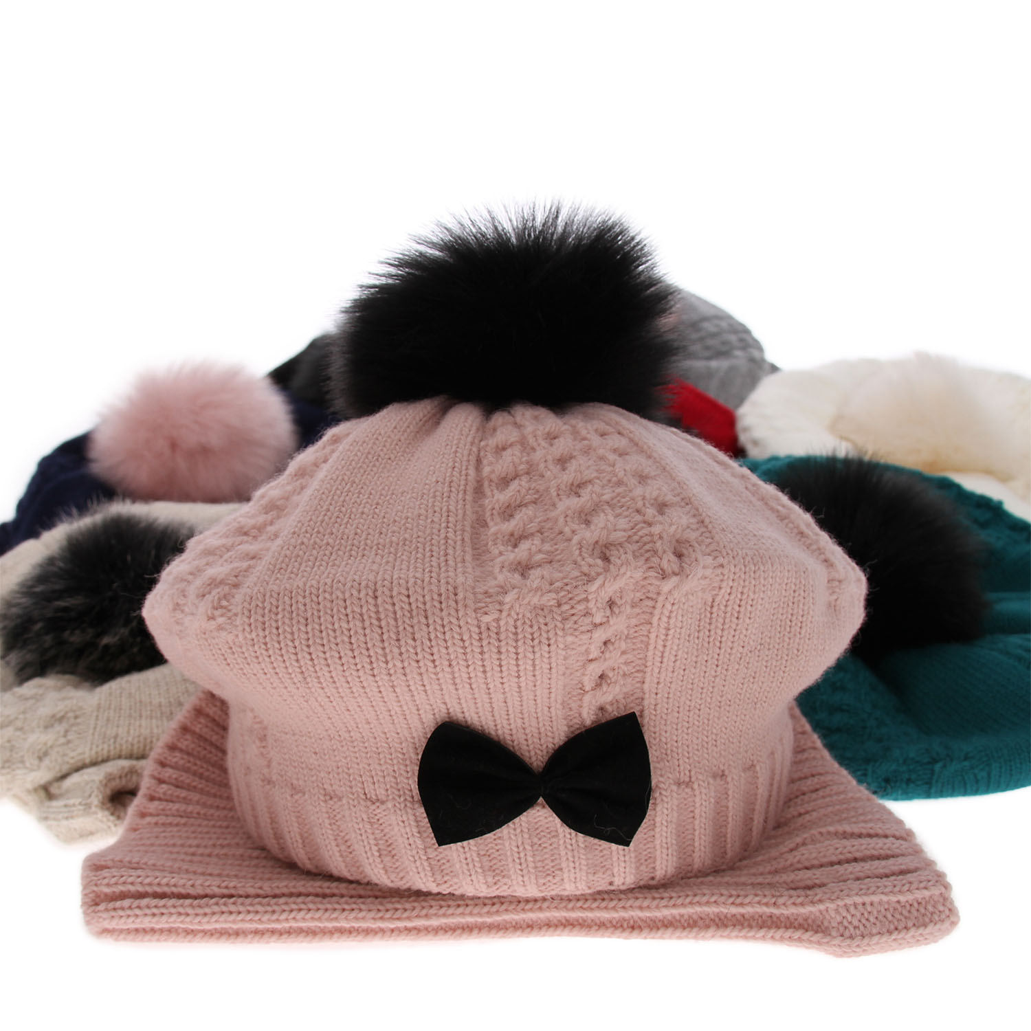 Beret i komin dla dziewczynki zimowy komplet, czerwony, z pomponem Amora