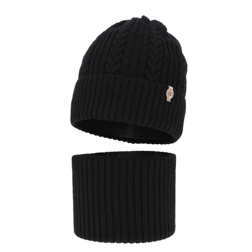 Czapka i komin dla dziewczynki zimowy komplet, czarny, 100% wełniany merino Jenny