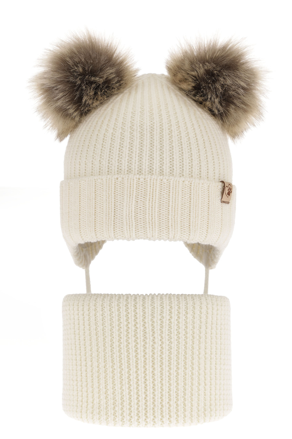 Czapka i komin dla dziewczynki zimowy komplet, kremowy, 100% wełniana merino, wiązany, z dwoma pomponami Silvia
