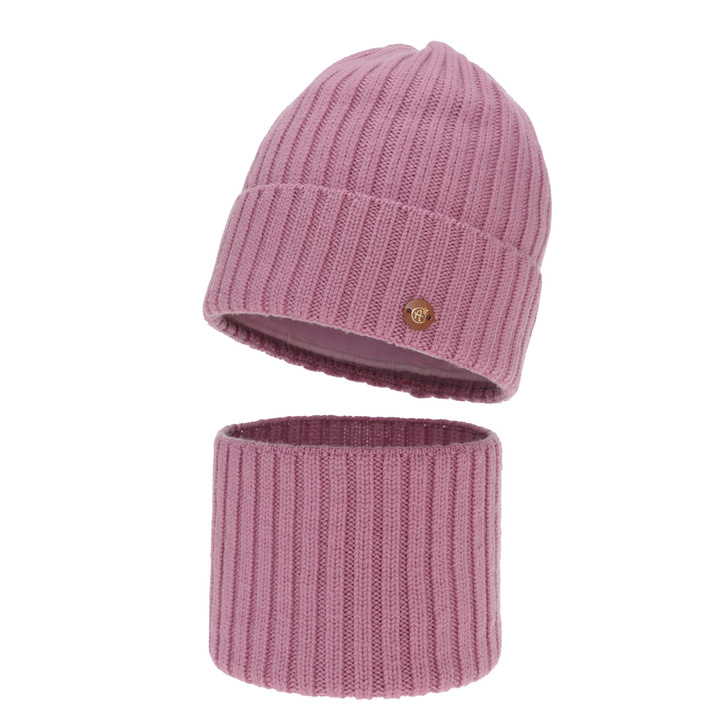 Czapka i komin dla dziewczynki zimowy komplet, wrzosowy, 100% wełniany merino, podszyty bawełną Vanira