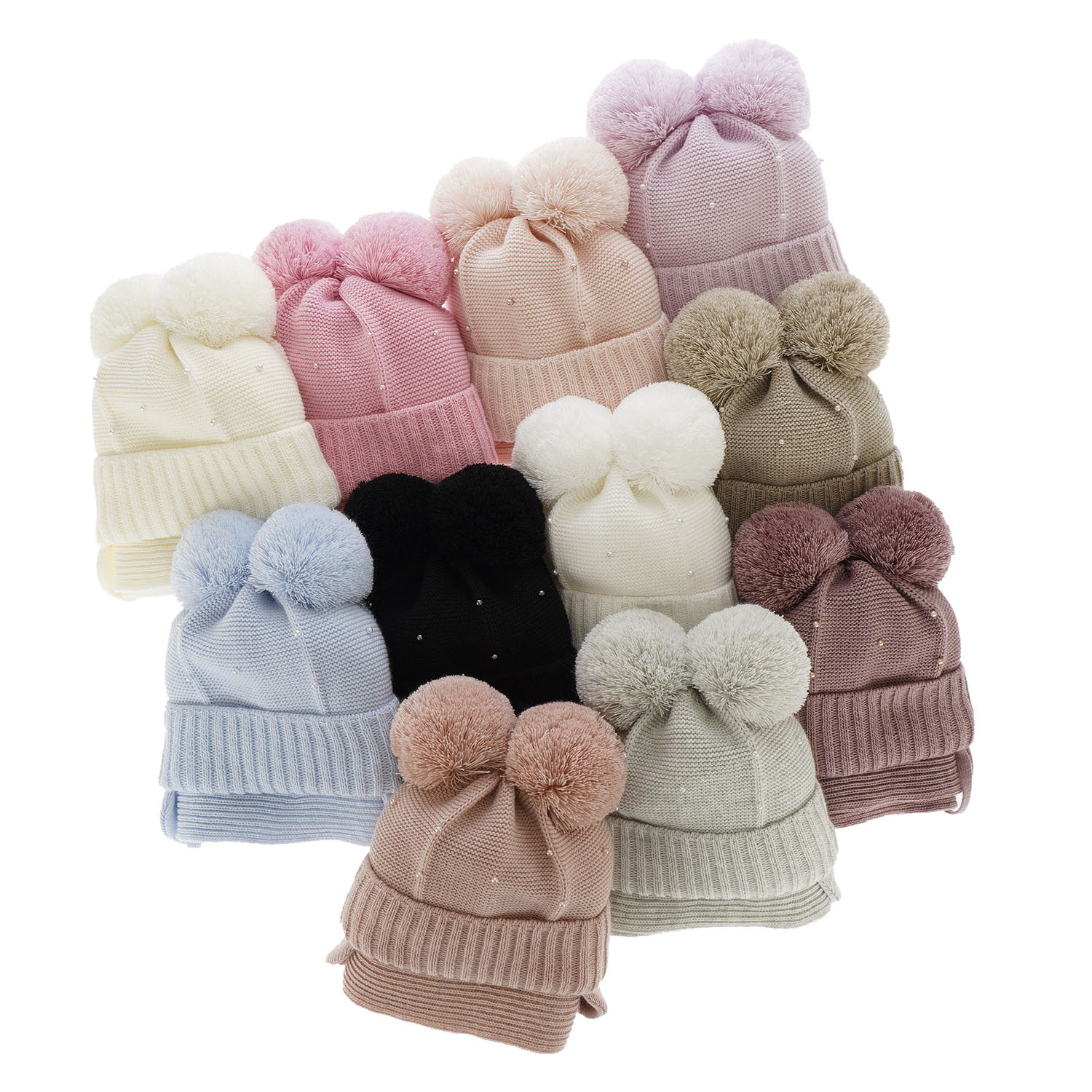 Czapka i szalik dla dziewczynki zimowy komplet, różowy, z dwoma pomponami, wiązany Fibien