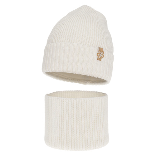 Czapka i komin dla dziewczynki zimowy komplet, biały, 100% wełniana merino Nelita