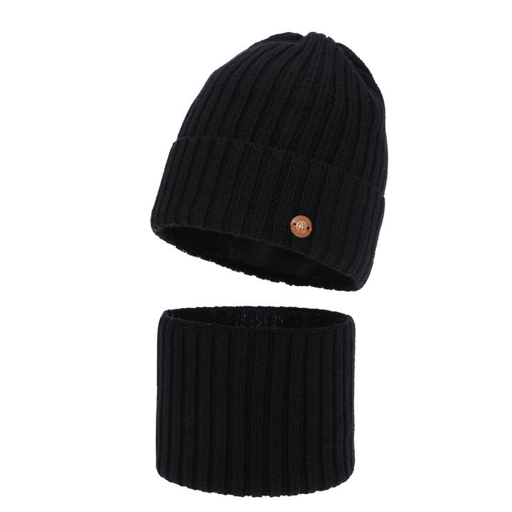 Czapka i komin dla dziewczynki zimowy komplet, czarny, 100% wełniany merino, podszyty bawełną Vanira