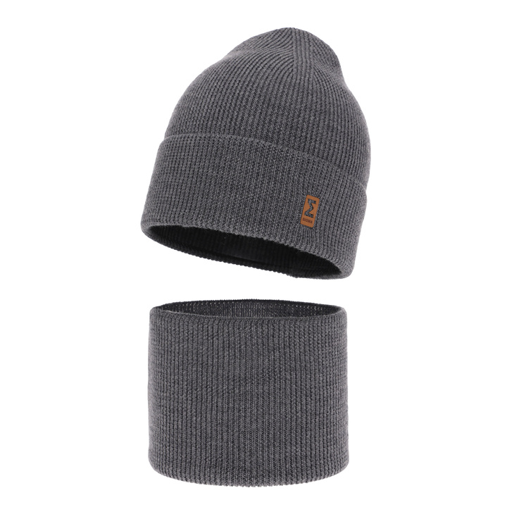Czapka i komin dla chłopca jesienny, wiosenny komplet, ciemnoszary, 100% wełniany merino Bruce