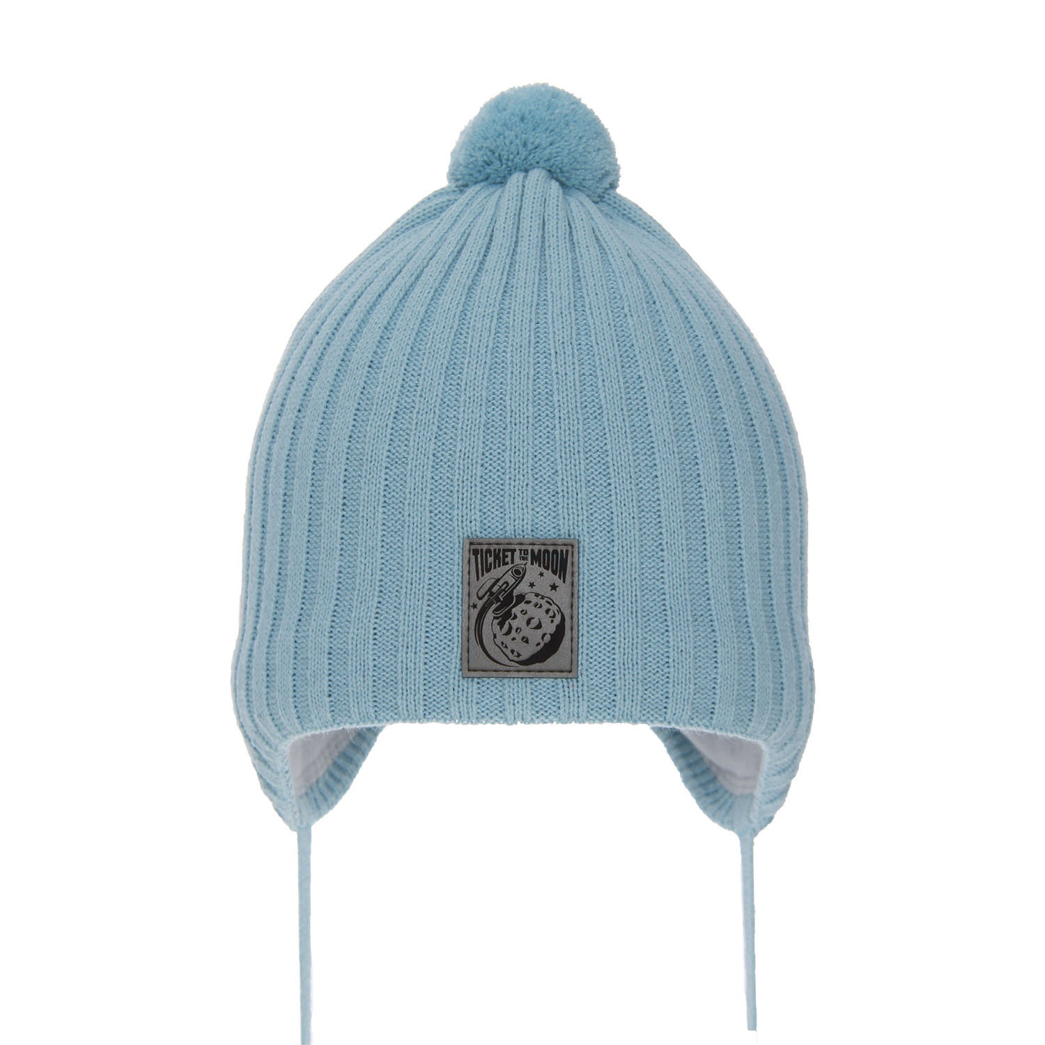 Czapka jesienna, wiosenna dla chłopca, niebieska, wiązana, z pomponem Cyspin