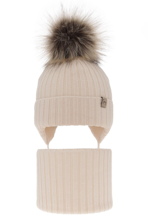 Czapka i komin dla dziewczynki zimowy komplet, jasnobeżowy, wiązany, 100% wełniany merino, z pomponem Junika