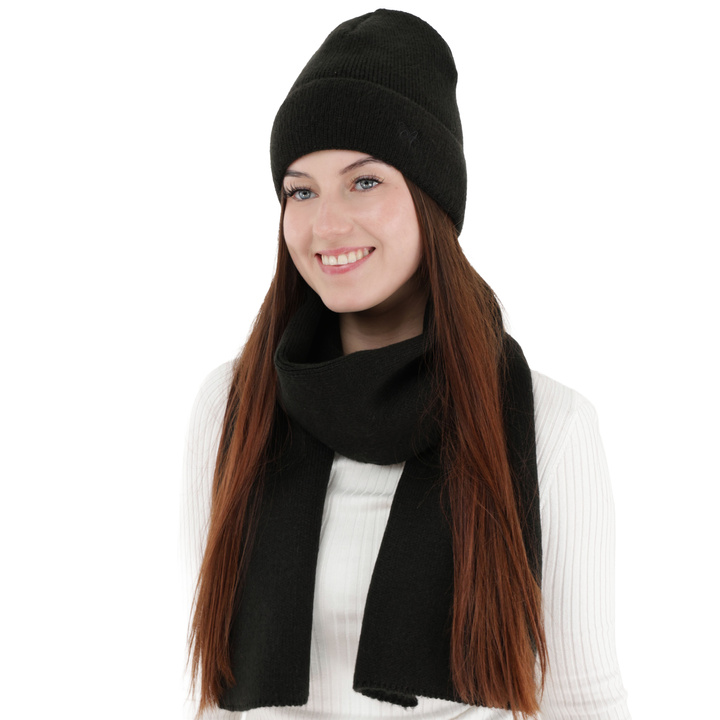 Czapka i szalik damski, zimowy komplet, czarny, Rava