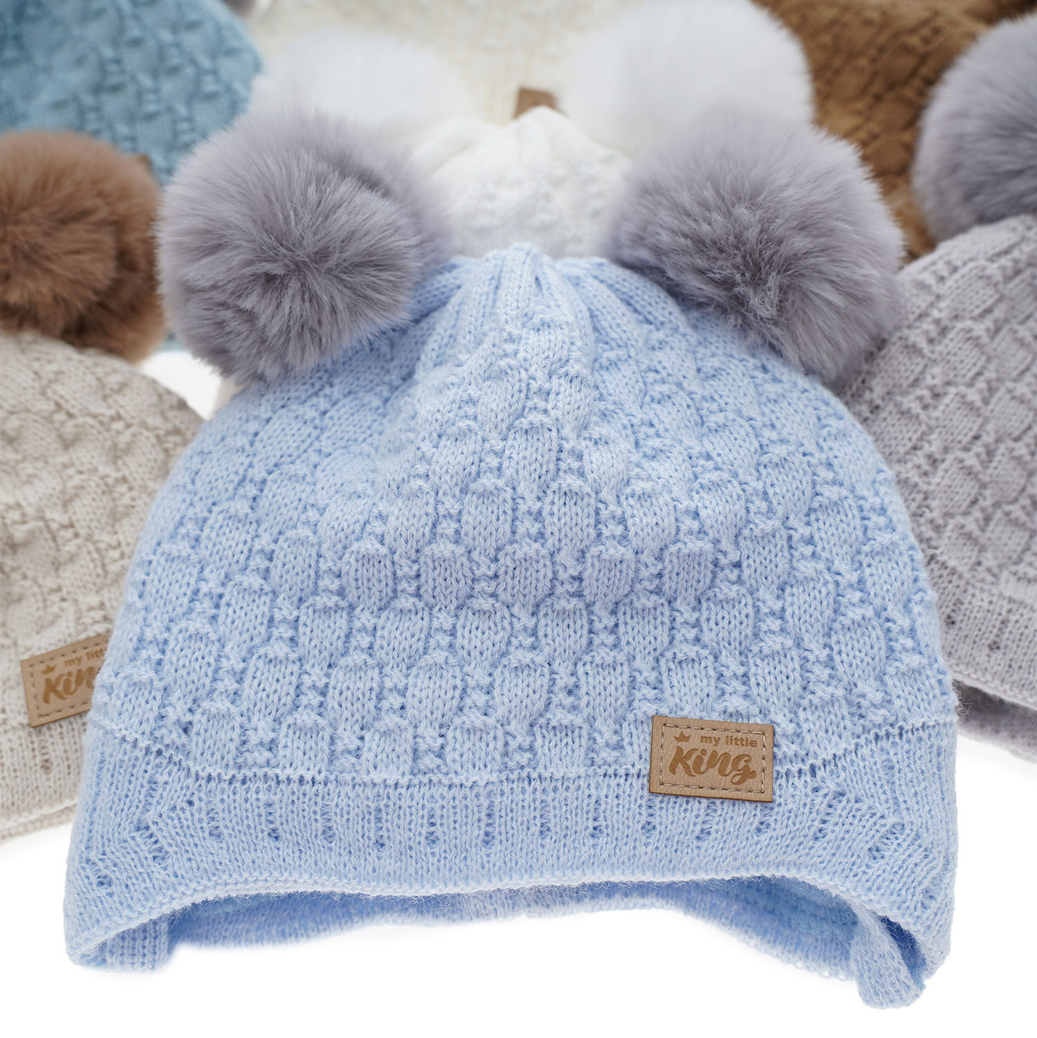 Czapka zimowa dla chłopca, niebieska, z dwoma pomponami, wiązana, Enzo