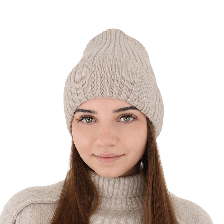 Czapka zimowa damska, beżowa, 100% wełniana merino Ariga
