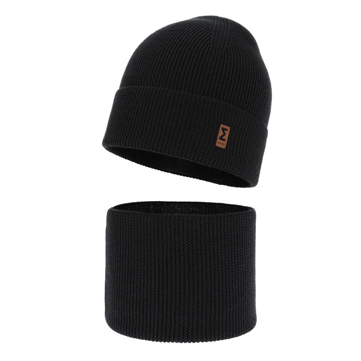 Czapka i komin dla chłopca jesienny, wiosenny komplet, czarny, 100% wełniany merino Bruce