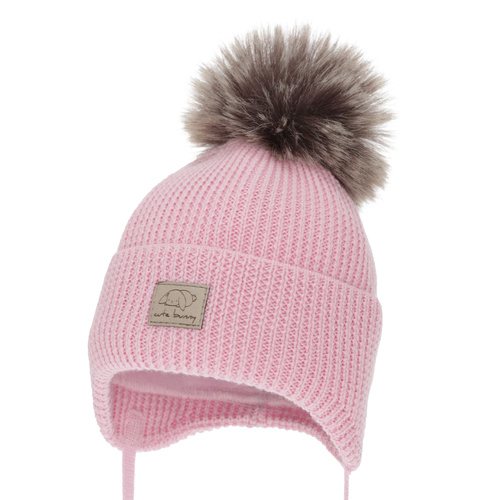 Czapka zimowa dla dziewczynki, różowa, wiązana, 100% wełniana merino, Jena