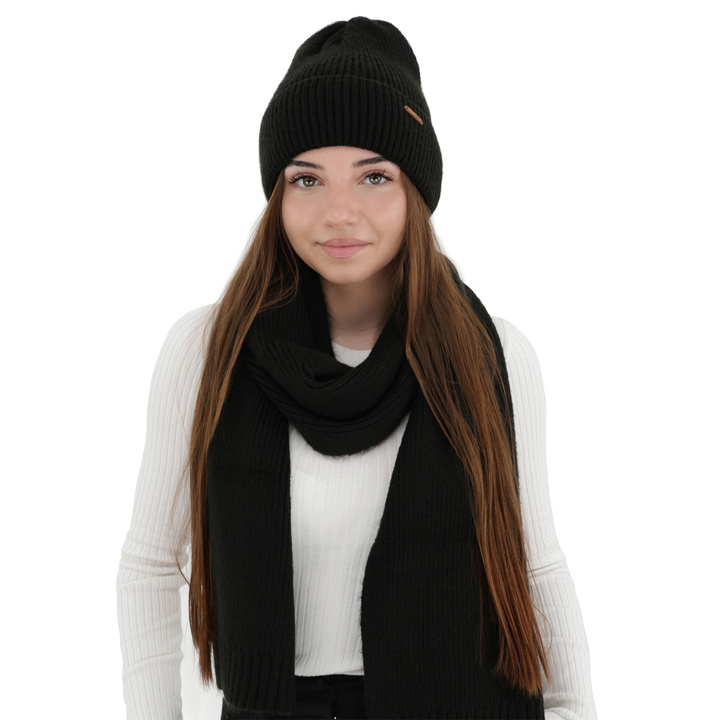 Czapka i szalik damski, zimowy komplet, czarny, z wełną merino, Seala