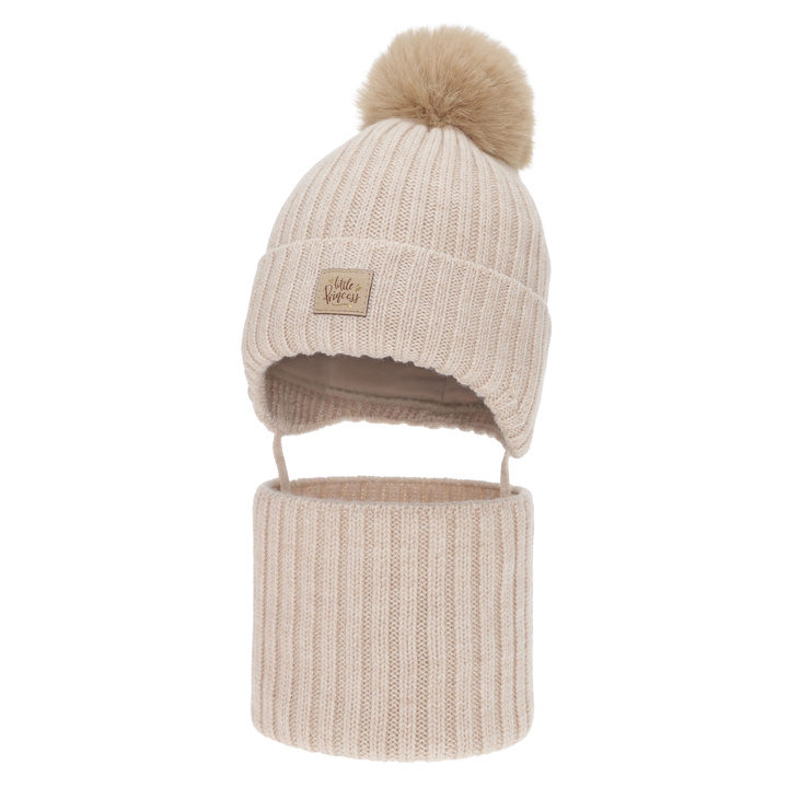 Czapka i komin dla dziewczynki, zimowy komplet, beżowy, 100% wełniany merino, wiązany, podszyty bawełną, Malesia