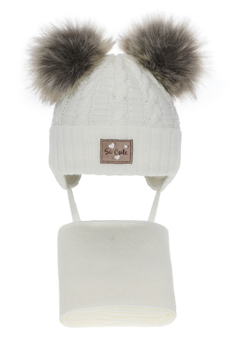 Czapka i szalik dla dziewczynki zimowy komplet, kremowy, z dwoma pomponami, z błyszczącą nitką, wiązany Klarita